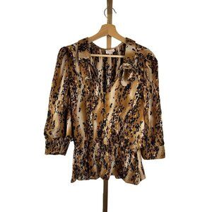 Parker Animal Print Speckled Abstract 100% Silk V-Neck Peplum Blouse EUC SZ M